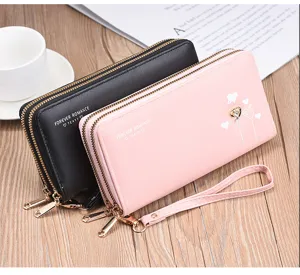 Cartera mujer larga doble cremallera cuero PU bolso de mano tarjetero elegante.