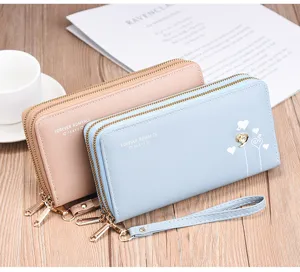Monedero largo de mujer doble cremallera bolso de mano de cuero PU con correa para la muñeca.