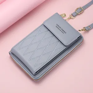 Women Minimalist PU Leather Crossbody Phone Bag Solid Color Lattice Pattern Multi Slot Wallet Zipper Hasp Bag Mini Shoulder Pouch Messenger Purse
