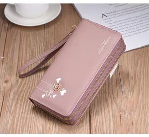 Mujer cartera larga bolso de mano doble cremallera correa de muñeca rosa elegante