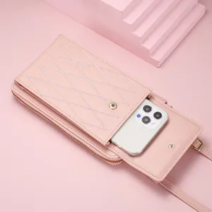 Women's pink leather cross-body phone bag wallet with diamond stitching and shoulder strap.