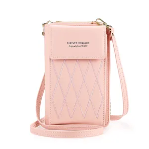Pink women cross-body phone bag PU leather mini shoulder purse with diamond stitching chic design