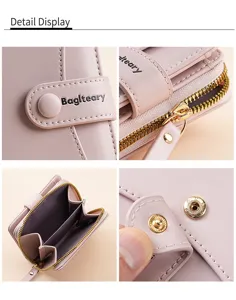 Women short wallet pink pu leather multi-card slots coin purse detail view display