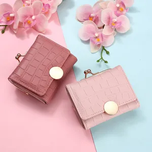 Women short folding wallet with kiss lock and snap closure, stylish card holder purse.