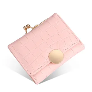 Chic pink short wallet for women, compact folding coin purse with kiss-lock and chic buckle.