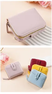 Women's short bifold wallet with multiple card slots and zipper coin pocket for daily use.