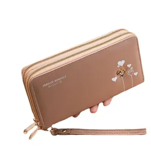 Monedero largo de mujer con doble cremallera de piel PU bolso de mano con muñequera