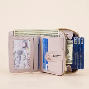 Pink short women wallet with multiple card slots, ID window and zipper coin pocket.