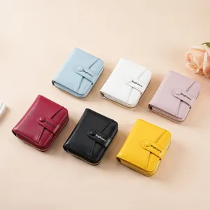 Women short PU leather wallet multi-card holder zipper coin purse cute compact card case