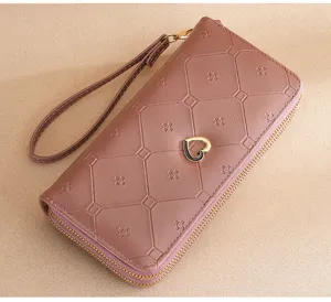 Women long double zipper wallet with wrist strap, elegant pink PU leather clutch bag.