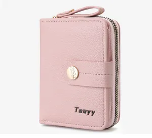 Pink women short wallet with zipper and snap button, compact card holder coin purse for daily use.