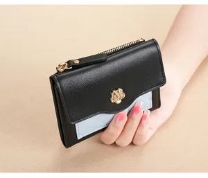 Portefeuille court femme en cuir PU porte-monnaie porte-cartes avec détail de fleur