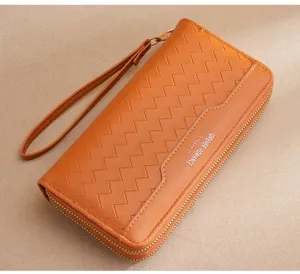 Womens long wallet with braided design and wrist strap, zip around purse, large capacity.