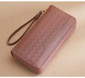 Women long wallet double zipper PU leather clutch purse with wrist strap and card slots.