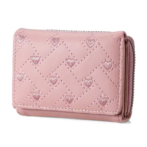 Pink quilted heart embroidered short wallet for women, cute compact zipper card purse.