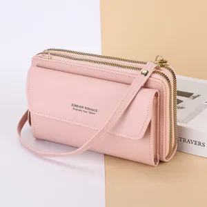 Sac Bandoulière Mode en Cuir PU pour Téléphone Portable Femme Portefeuille Long à Double Fermeture Éclair Sac à Bandoulière Tendance