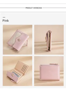 Portefeuille court en cuir PU rose pour femme avec fentes pour cartes et fermoir fleur.