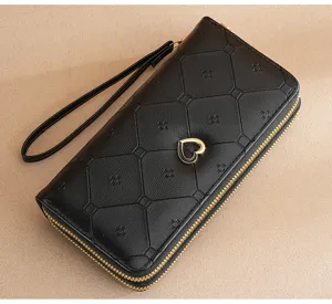Women's long double layer zipper wallet with wrist strap stylish black geometric clutch purse