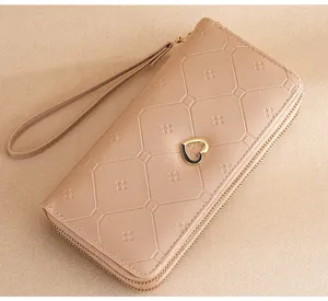 Women's long wallet double zipper clutch PU leather daily wristlet bag elegant design