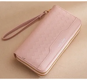 Pink women long wallet with double zipper and wristlet strap. Stylish PU leather purse for daily use.