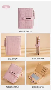 Pink women short bifold wallet with crocodile pattern, multiple card slots and zipper pocket.