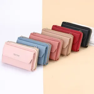 Sac bandoulière portefeuille long pour femme mode avec double fermeture éclair et multiples couleurs.