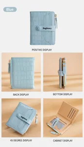 Blue women's short wallet with crocodile texture, multi-card slots and zipper coin pocket detail view.