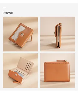 Portefeuille court en cuir PU pour femme porte-cartes compact zippé couleur marron