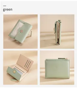 Portefeuille court pour femme en cuir PU vert avec fentes cartes fermeture éclair et bouton