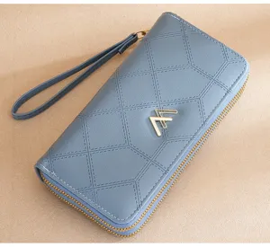 Damen lange gesteppte Brieftasche doppelt Reißverschluss Clutch Tasche grau blau Handschlaufe