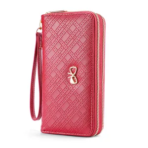 Damen lange rote Geldbörse doppelt Reißverschluss Clutch Tasche mit Handschlaufe Leder
