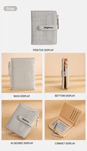 Women short wallet grey crocodile pattern PU leather folding card holder purse with zipper pocket
