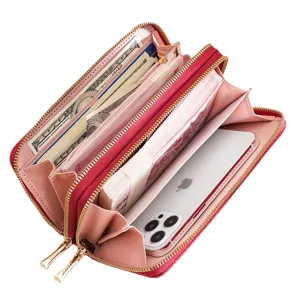 Damen lange Doppelreißverschluss Geldbörse große Kapazität Handytasche rosa PU Leder