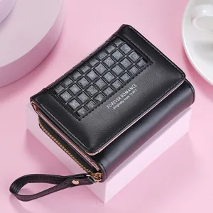 Women PU Leather Small Wallet Triple Fold Grid Pattern Purse With Wrist Strap Zipper Coin Pocket Large Capacity Fashion Bag