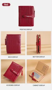 Red short women wallet crocodile pattern pu leather card holder zip coin purse compact