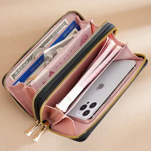 Women long double zipper wallet large capacity multi card holder stylish purse black