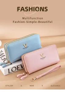 Long zipper wallet for women, elegant pu leather clutch with wrist strap, multi card slots.