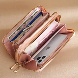 Women long wallet double zipper large capacity pink PU leather purse elegant clutch organizer for daily use