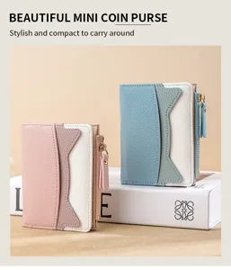 Stylish mini coin purse with color block design, compact size, multiple card slots and zipper.