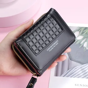 Women short black wallet with quilted pattern, compact zipper coin purse and wrist strap.