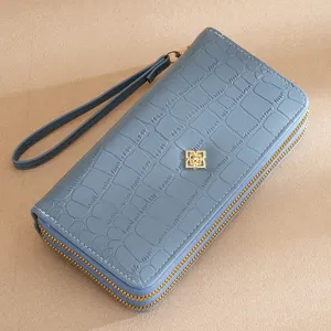 Women's long double zipper wallet blue crocodile pattern clutch purse with wrist strap