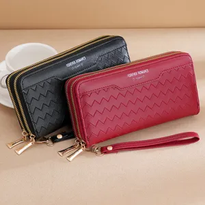 Elegant women's long zip wallet with dual compartments, chic woven texture and wrist strap.