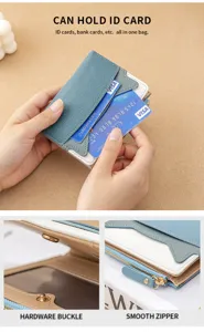 Detailed view of women multifunctional mini card wallet, color-blocked compact coin purse.