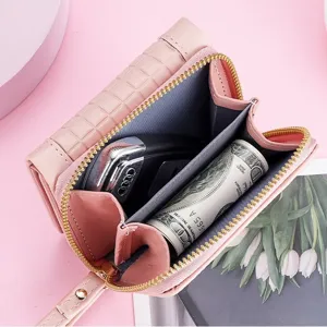Stylish pink women short wallet PU leather coin purse compact fashion handbag for girls