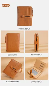 Multi-angle details of women's short bi-fold wallet with card slots and coin pocket design.