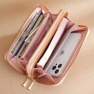 Pink double zipper long wallet main view, large capacity pu leather clutch purse for women.