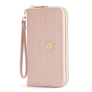 2024 New Women Long Wallet Double Zipper PU Leather Clutch Purse with Wrist Strap Pink