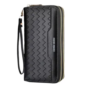 Black long wallet for women double zipper wristlet chevron pattern casual purse chic style