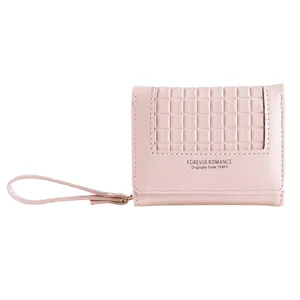 Pink short women wallet with wrist strap, cute compact PU leather coin purse card holder.