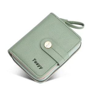 Women short green wallet PU leather card holder compact zipper coin purse with wrist strap